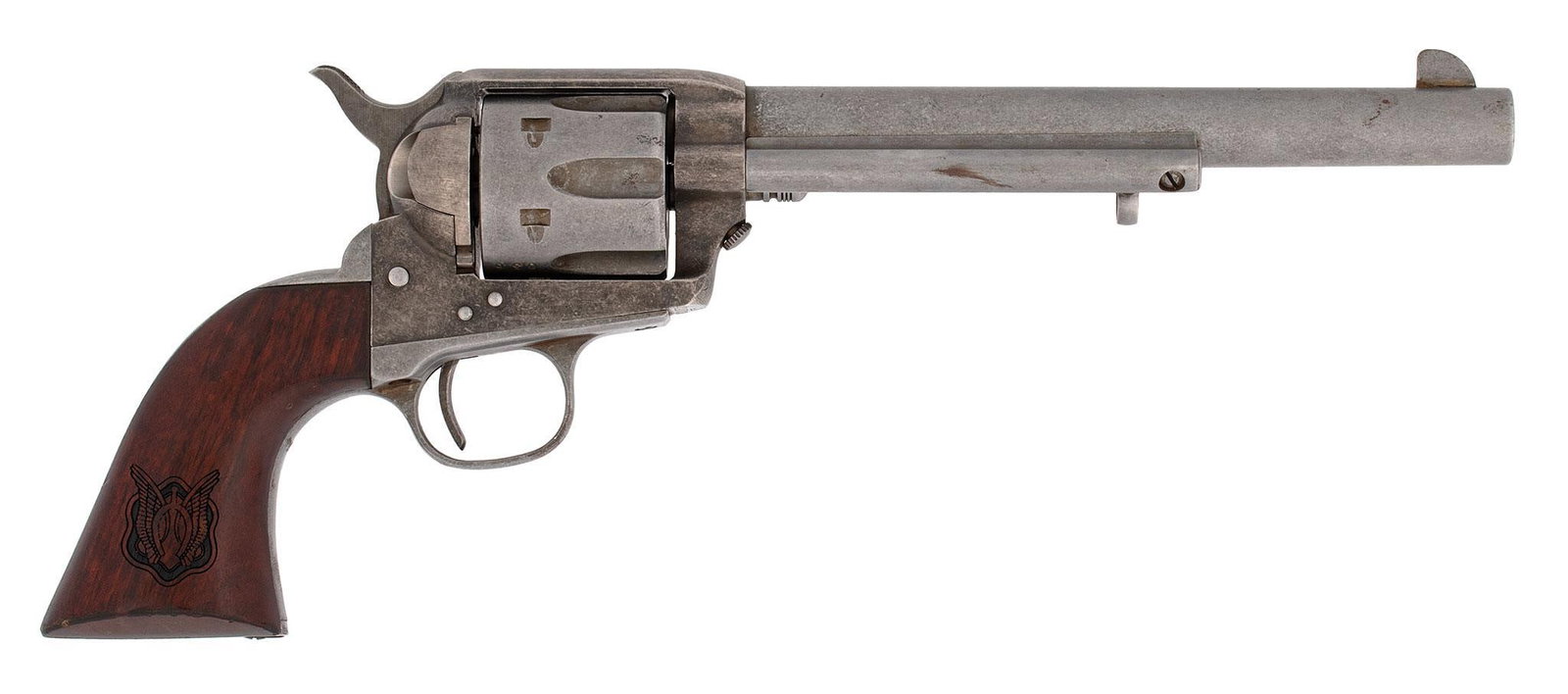 ** Cimmaron Single Action Revolver: .45 caliber, 7.5" barrel, S/N CAV036. This is the antique age revolver of the U.S. Cavalry. One piece walnut grips with the 101st Airborne Division logo lasered into the left side of the grip and