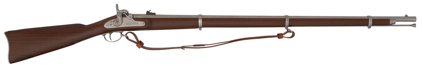 Contemporary Colt Model 1861 Percussion Rifle-Musket: .58 caliber, 40" barrel, S/N 4276. All the markings you would find on a 61 Special rifled musket. Colt markings on the lockplate. Three barrel bands, walnut stock. As new with a new bore.