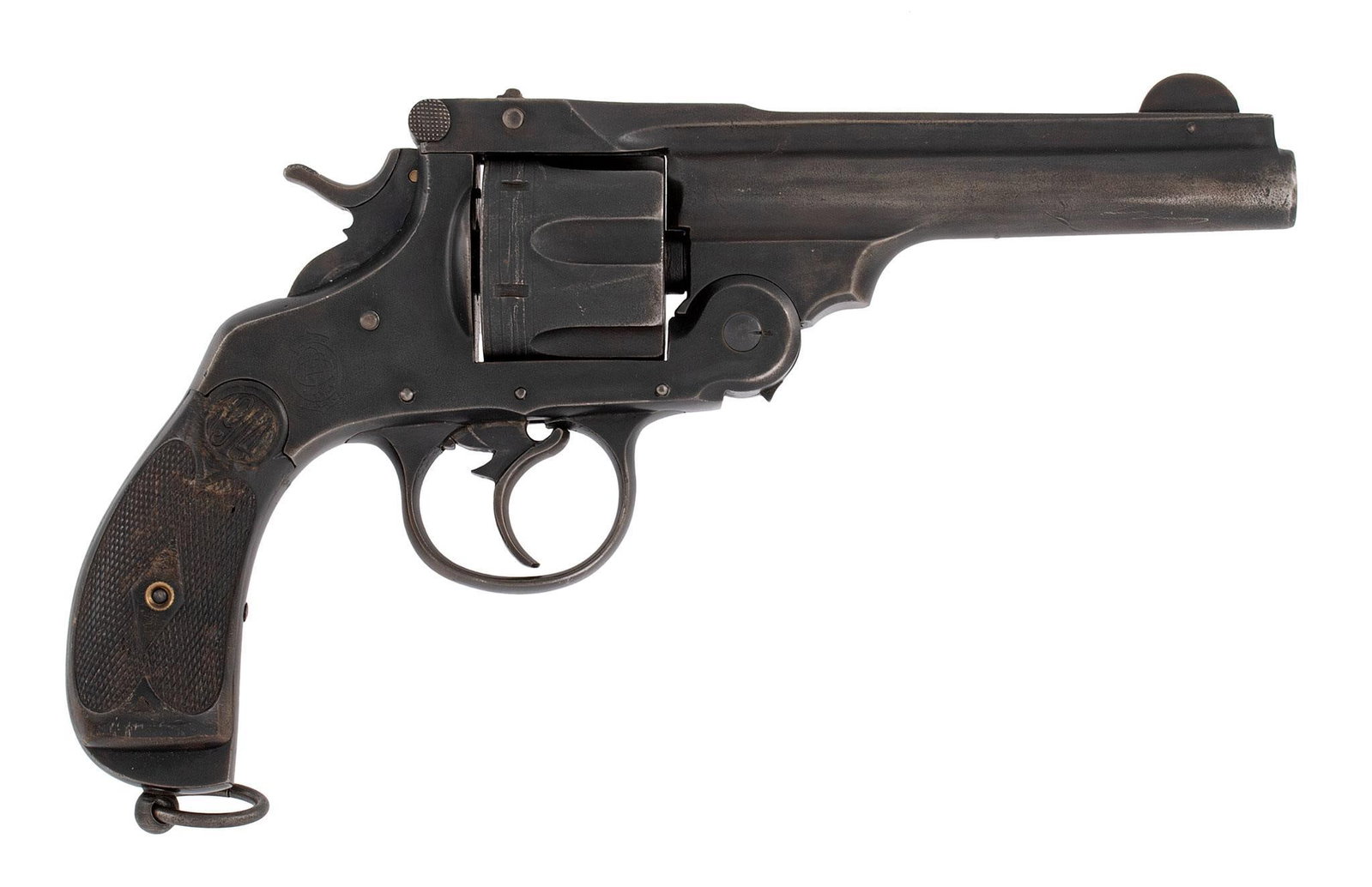 **Spanish Copy Of S&W DA Revolver Made For England: 455 caliber, 5" barrel, S/N 1143, blue finish with hard rubber grips and a logo of 1914. Retaining most of the blue finish with some wear. Grips are very good. The bore is very good.