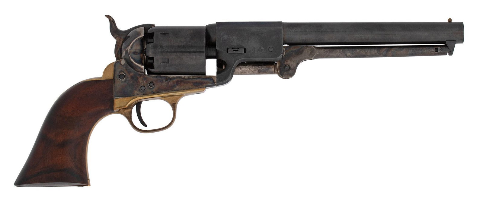 Uberti Navy Percussion Revolver: .36 caliber, 7" octagonal to round barrel, S/N 116020. Blue and case colored finish. One piece walnut grips. Like new condition.
