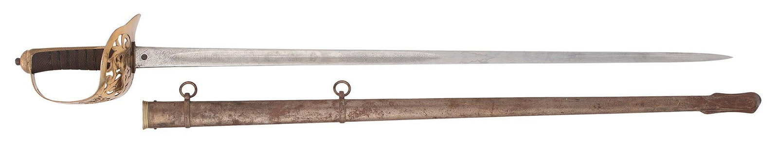 British 1895 Wilkinson Infantry Officers Sword: 32" blade with etched military motifs. Pierced brass guard. Checkered, wire-wrapped grip. Overall very good condition.