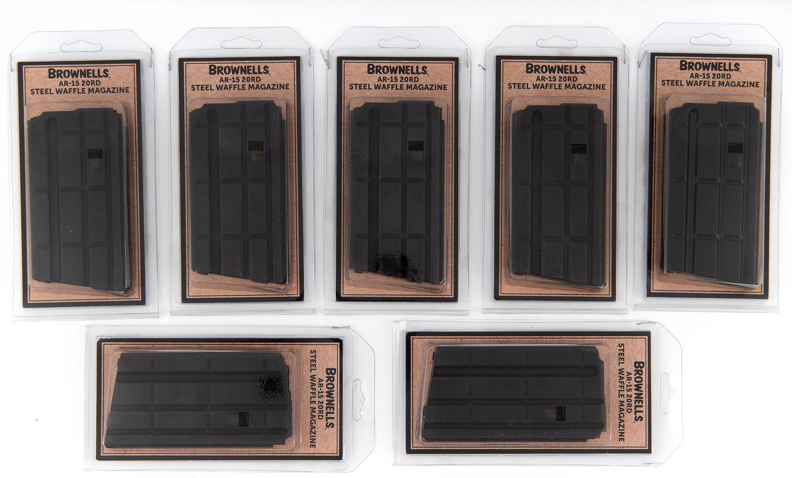 Brownells AR-15 Steel Waffle Magazines: Lot includes seven new Brownells AR-15 20-round magazines designed to replicate the look and feel of military-issued M16 magazines. New in packaging.