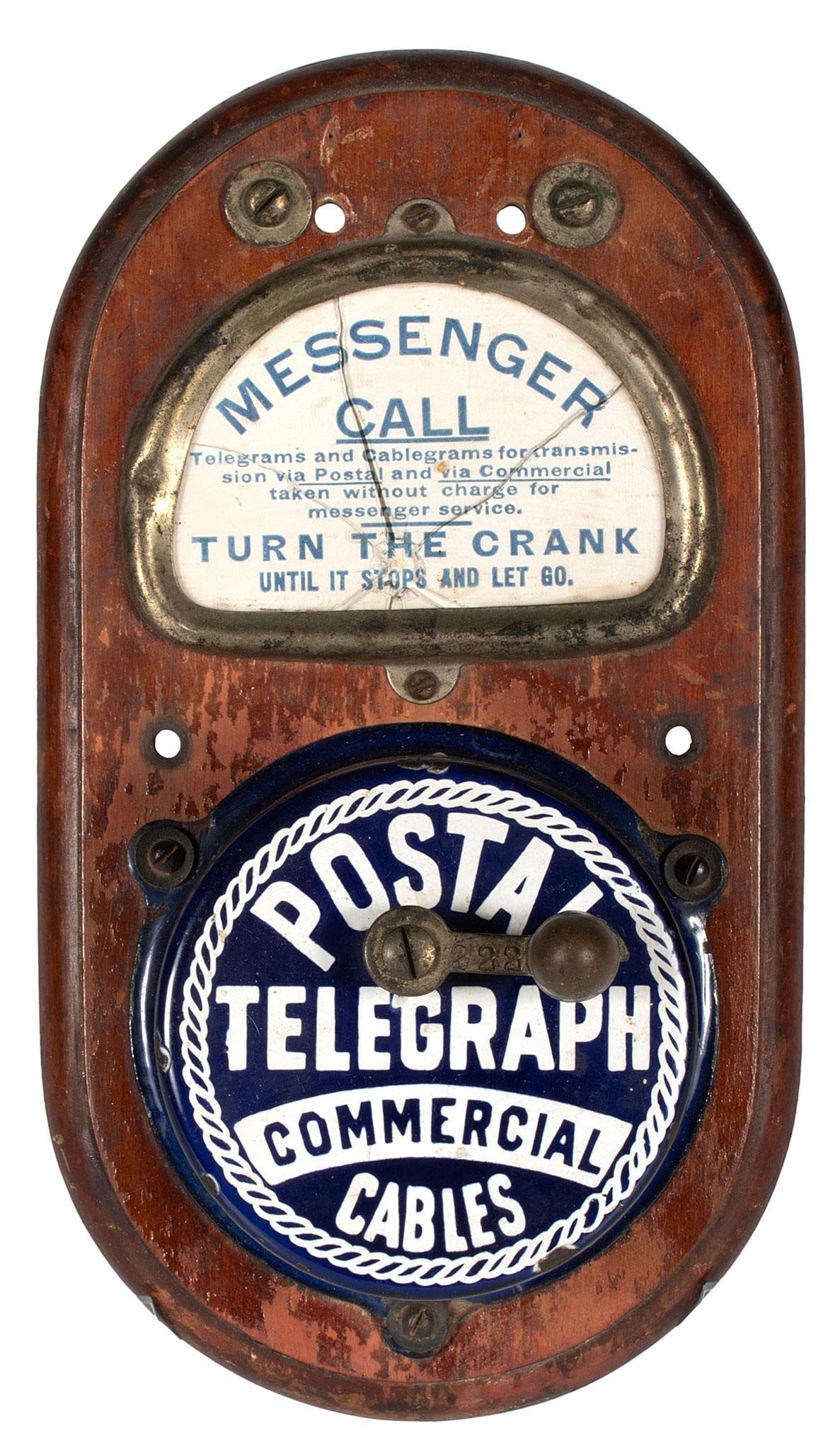Antique Postal Telegraph Commercial Cables Call Box: An antique Postal Telegraph Commercial Cables call box, painted porcelain call box mounted on original wooden board with viewing directions; ht. 8, wd. 5, dp. 3.75 inches. Overall good condition, oper
