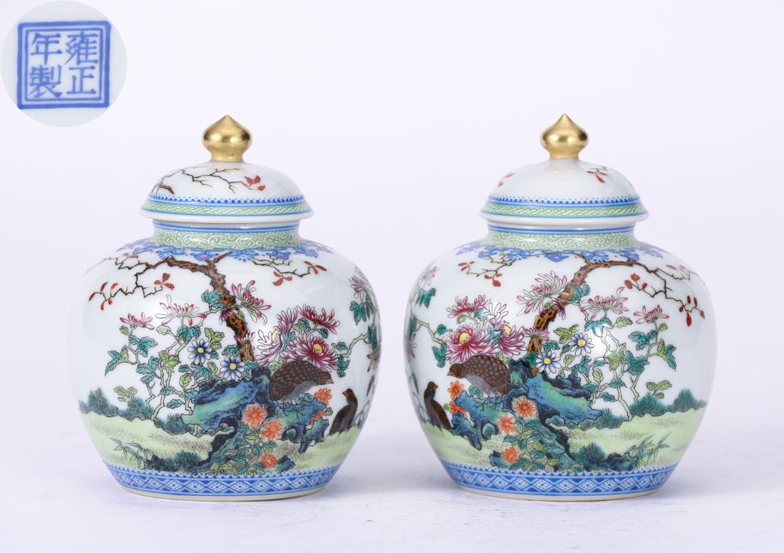 Pair Chinese Falangcai Jars with Covers Qing Dyn. (1 of 7)