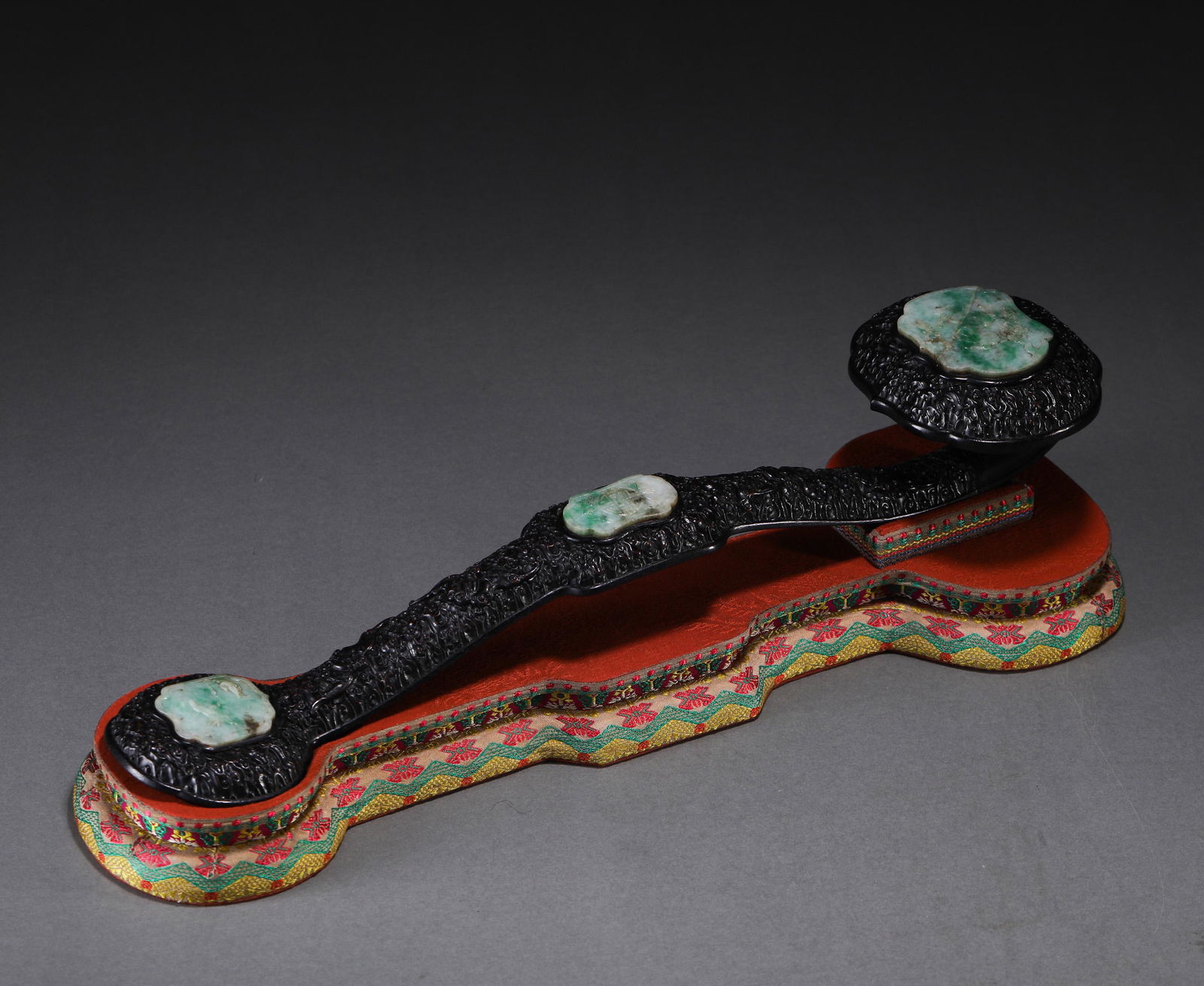 A Chinese Jadeite Inlaid Rosewood Ruyi Scepter (1 of 10)