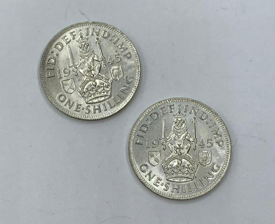 2x 1945 Silver Uncirculated Scottish Shillings, A.1.: 2x 1945 Silver Uncirculated Scottish Shillings, A.1. Condition, No Spotting.