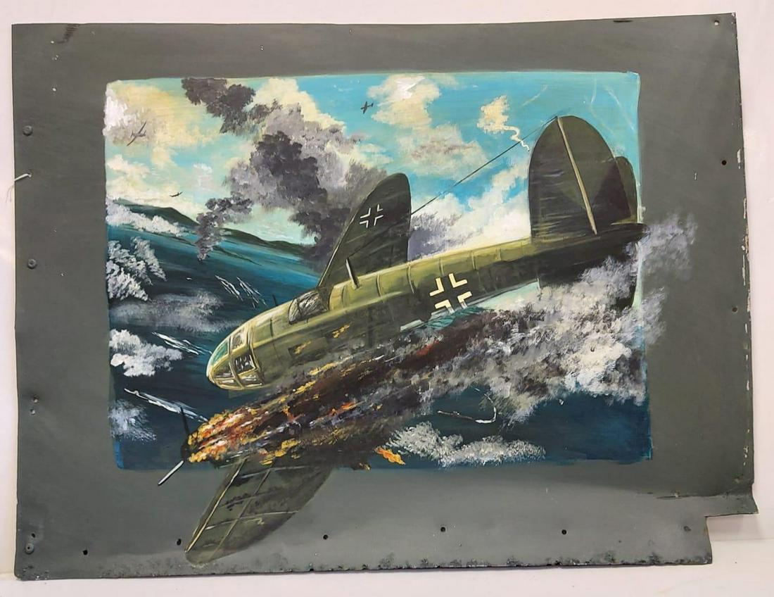Post War painting of a German Heinkel Bomber, painted: Post War painting of a German Heinkel Bomber, painted on a Heinkel fragment that was shot down. Actual aircraft or find location not known.