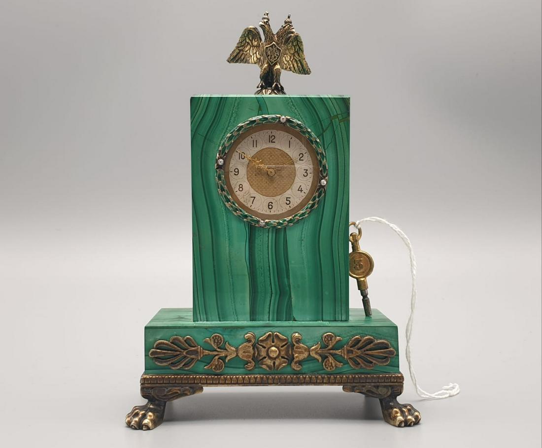 Russian antique silver gilt malachite and diamond: Russian antique silver gilt malachite and diamond miniature clock .600gms 11 x 9.5cms