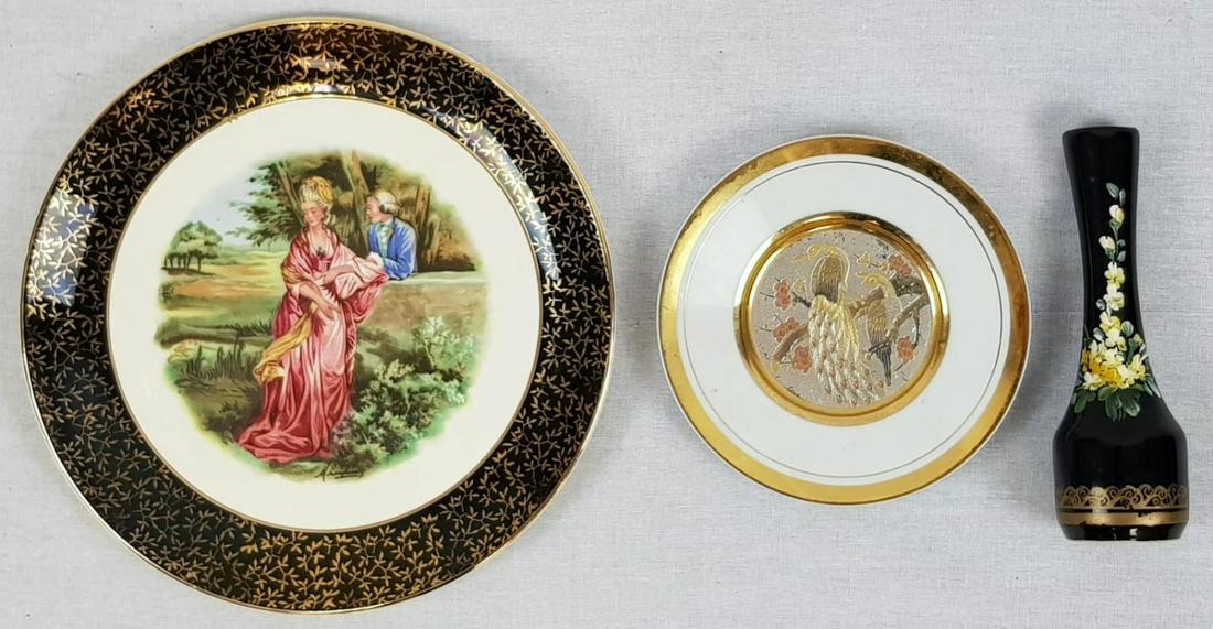 Two Decorative Plates and a Small Hand-Painted: Two Decorative Plates and a Small Hand-Painted Portuguese Vase. A Liverpool Road Pottery -25cm diameter. The Art of Chokin -15cm diameter. Vase 16cm tall.