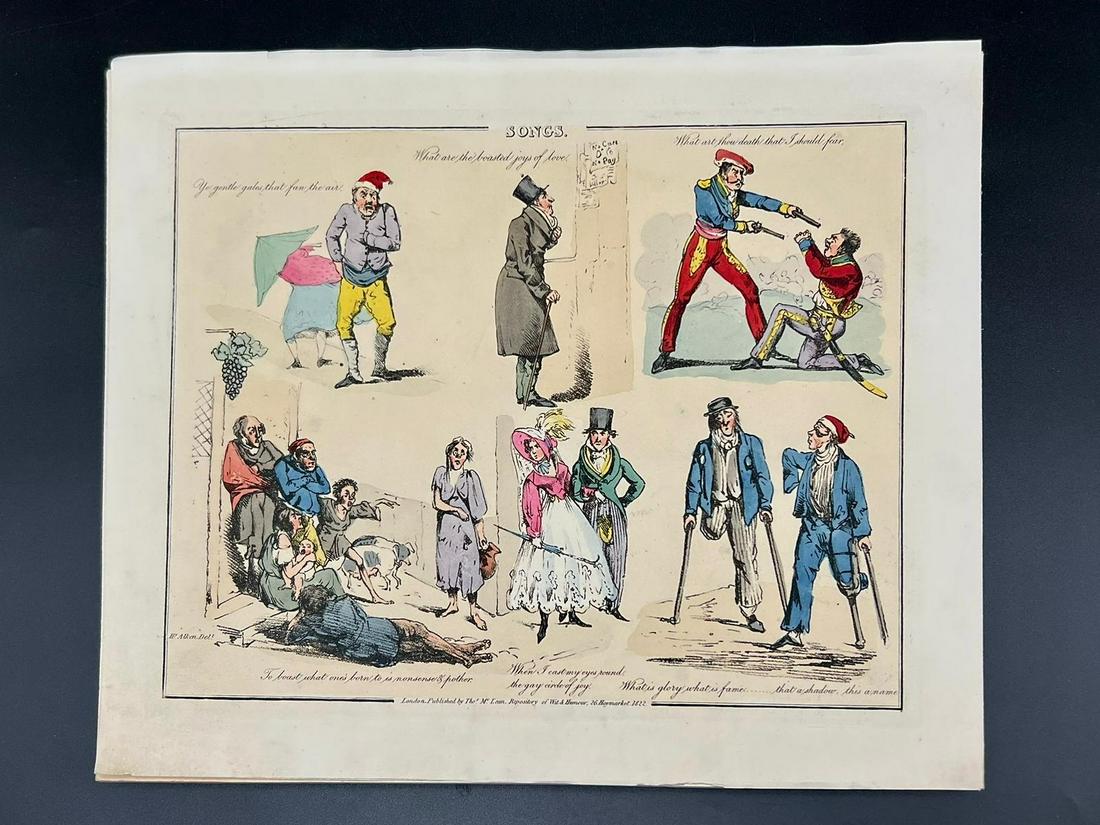 A Henry Thomas Alken (1785-1851) Early 19th Century Etching of Songs. Published by Mclean Repository: A Henry Thomas Alken (1785-1851) Early 19th Century Etching of Songs. Published by Mclean Repository of Wit and Humour. Mounted on board - 31 x 26cm.