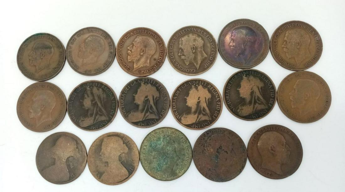 A Small Collection of 17 British Antique One Penny British Coins.: A Small Collection of 17 British Antique One Penny British Coins.