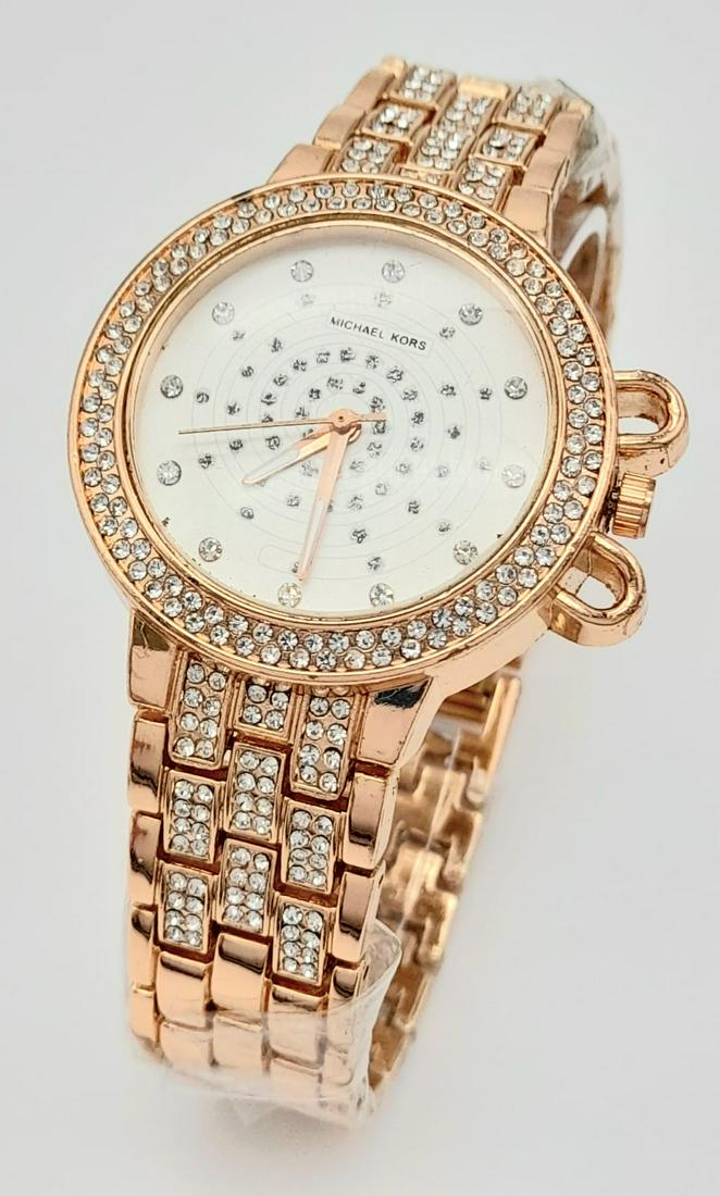 MICHAEL KORS ROSE GOLD TONE STONE SET BRACELET WATCH FULL WORKING ORDER AF: MICHAEL KORS ROSE GOLD TONE STONE SET BRACELET WATCH FULL WORKING ORDER AF