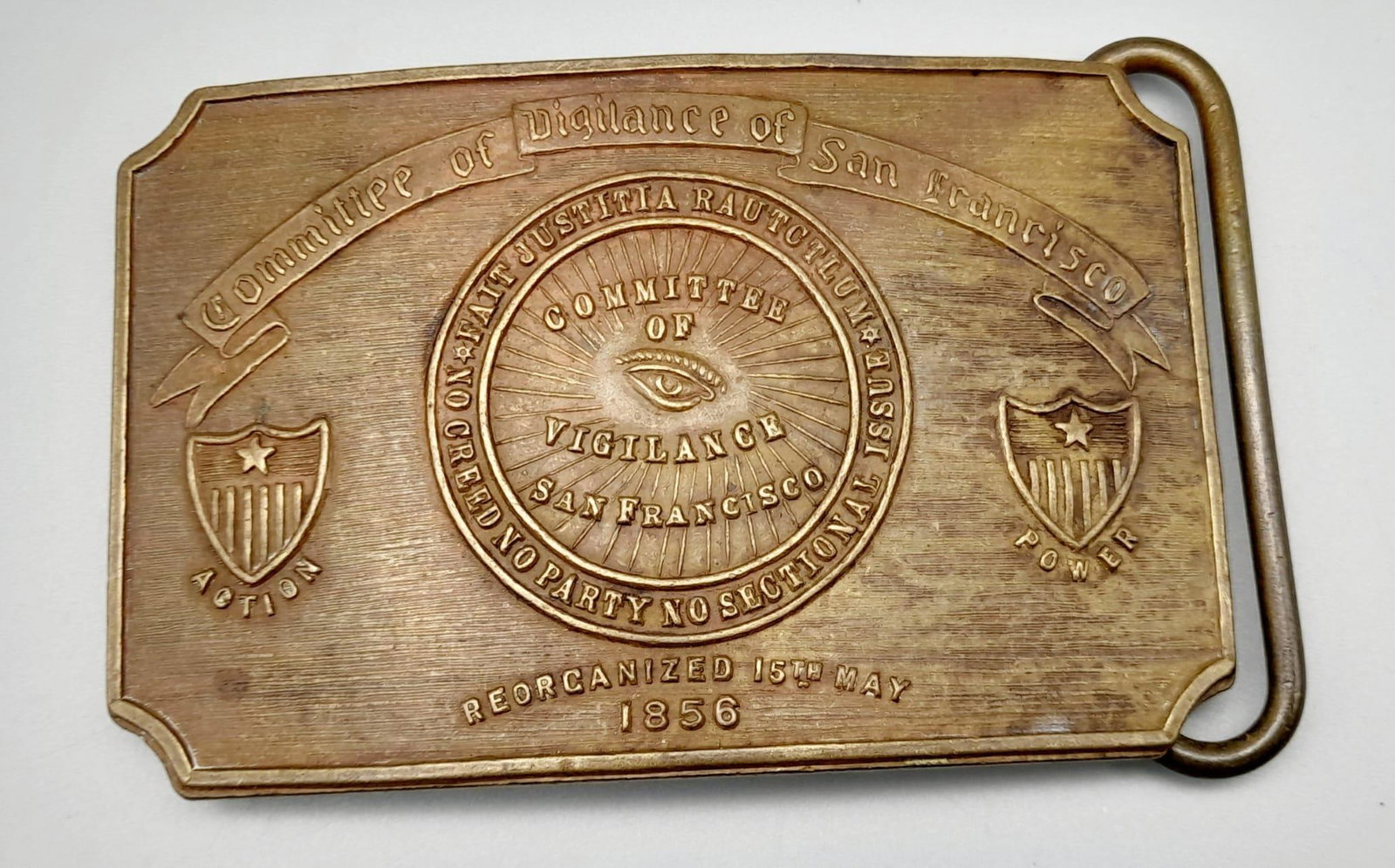 A US Brass Belt Buckle Marked Tiffany on Obverse and Committee of Vigilance of San Francisco.: A US Brass Belt Buckle Marked Tiffany on Obverse and Committee of Vigilance of San Francisco.