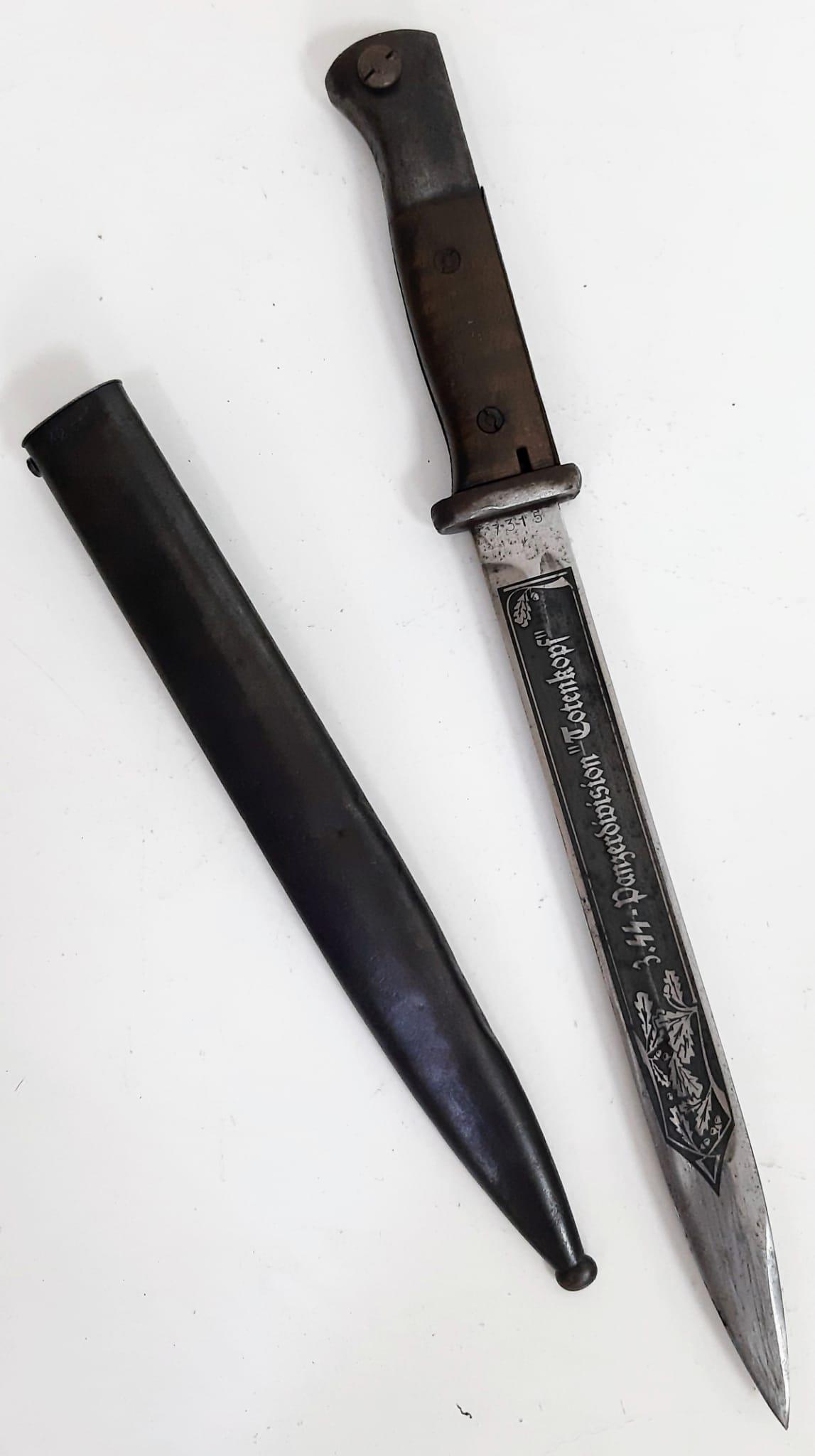 3rd Reich Mauser K-98 Bayonet with Acid Etched Blade dedicated to the 3rd SS Panzer Division.: 3rd Reich Mauser K-98 Bayonet with Acid Etched Blade dedicated to the 3rd SS Panzer Division.