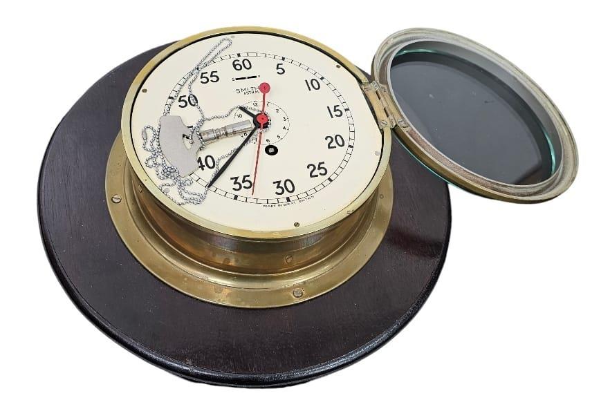 1940s Large Smiths Astral Ships Clock with key. Mounted on a mahogany plinth. Works well.: 1940s Large Smiths Astral Ships Clock with key. Mounted on a mahogany plinth. Works well.
