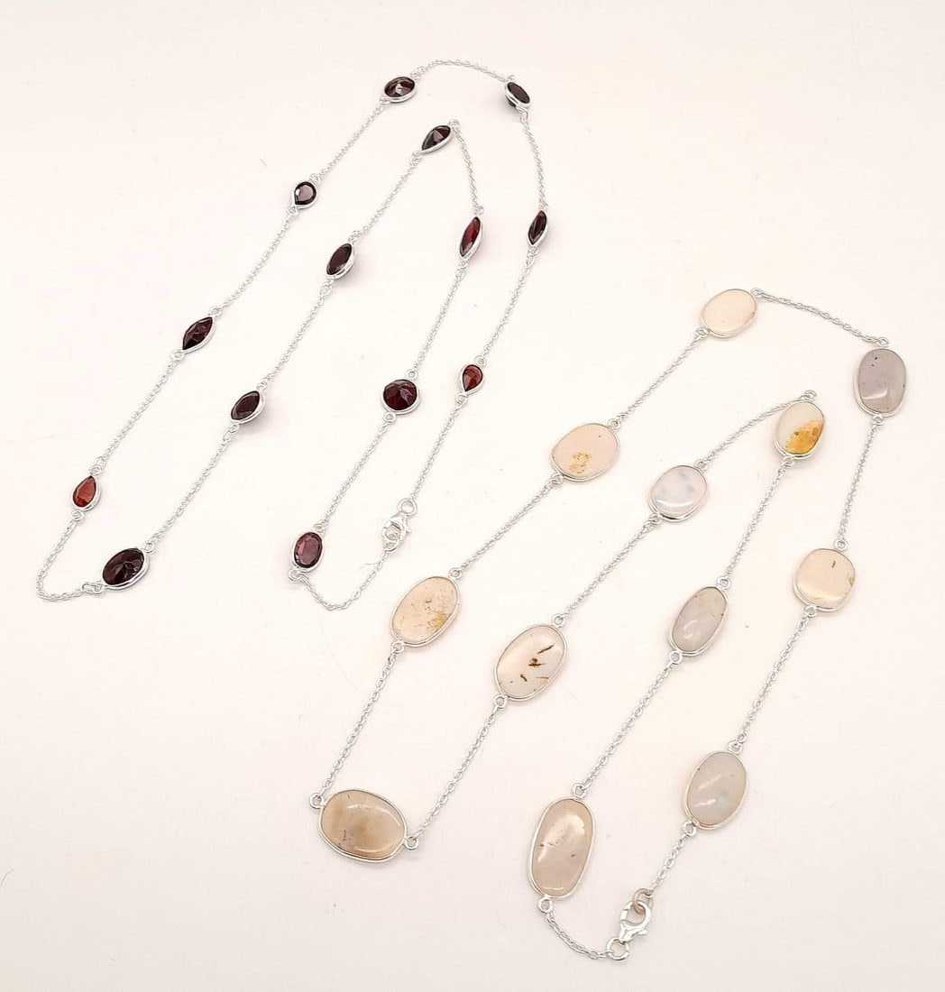 A Collection of Two 925 Silver Chains with Opal and Garnet Gemstones., Length of Garnet Chain 64cm,: A Collection of Two 925 Silver Chains with Opal and Garnet Gemstones., Length of Garnet Chain 64cm, Length of Opal Chain 60cm, Combined Weight 21 Grams.