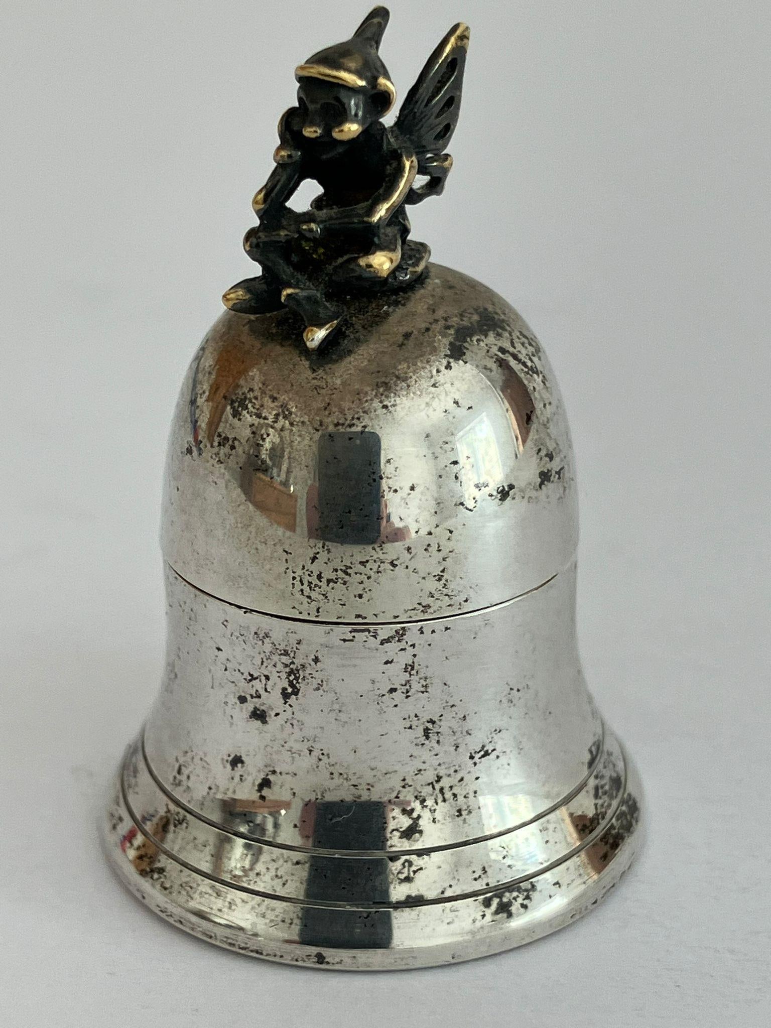 Interesting Vintage SILVER PILL BOX in the Shape of a Bell with a Silver Imp sitting atop. Full UK: Interesting Vintage SILVER PILL BOX in the Shape of a Bell with a Silver Imp sitting atop. Full UK hallmark. Needs a clean.