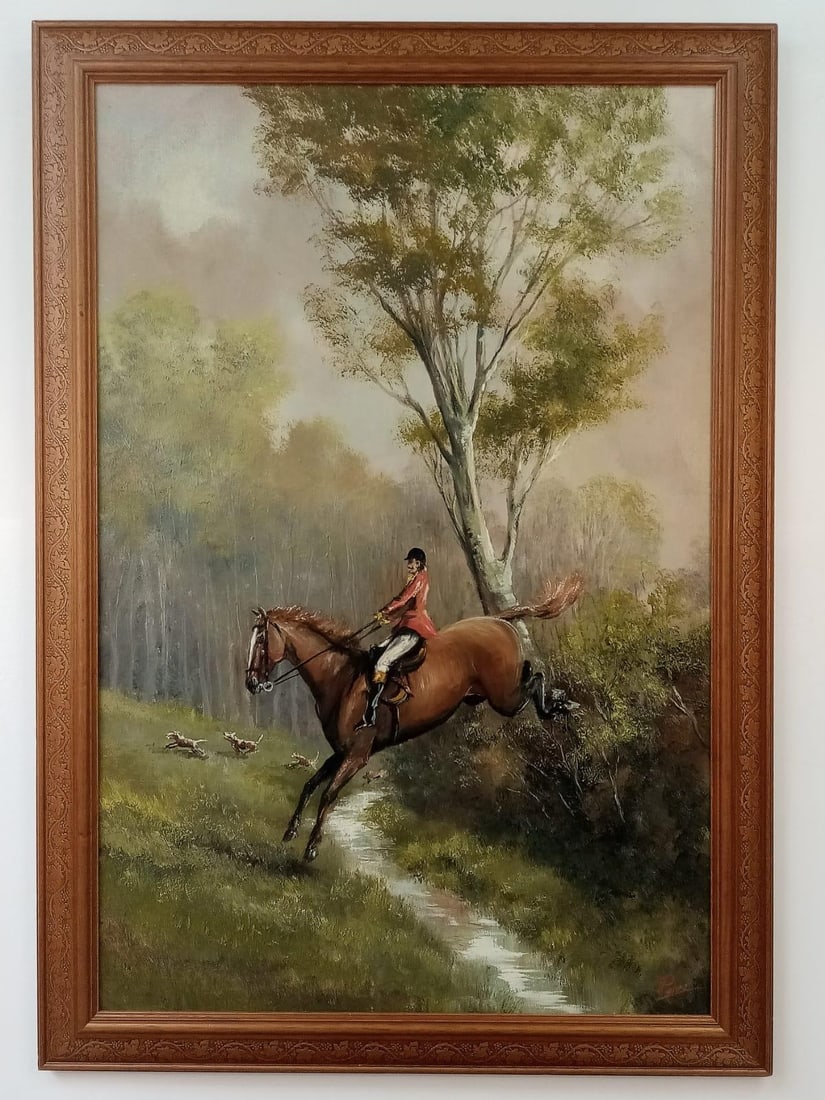 AN OIL ON CANVAS PAINTING TITLED "THE HUNTSMAN" PAINTED AND SIGNED BY DION PEARS A MEMBER OF THE: AN OIL ON CANVAS PAINTING TITLED "THE HUNTSMAN" PAINTED AND SIGNED BY DION PEARS A MEMBER OF THE ROYAL ACADEMY OF ART . 72 X 102cms