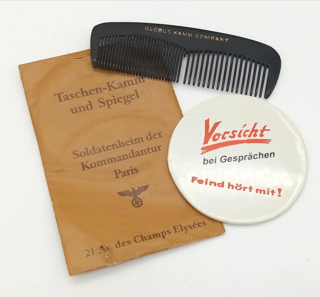 WW2 German Comb and Mirror from the R & R Centre in Paris for soldiers on a break from the front.: WW2 German Comb and Mirror from the R & R Centre in Paris for soldiers on a break from the front.