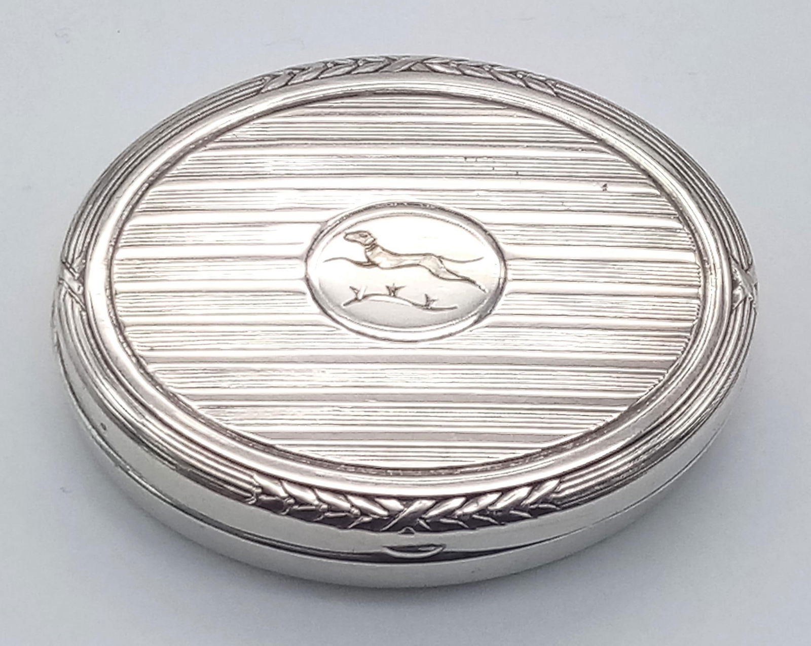 WW2 German .800 Silver Marked Snuff/Pill Box. Hand Etched Insignia of the 116 th ?Windhund? Panzer: WW2 German .800 Silver Marked Snuff/Pill Box. Hand Etched Insignia of the 116 th ?Windhund? Panzer Division.