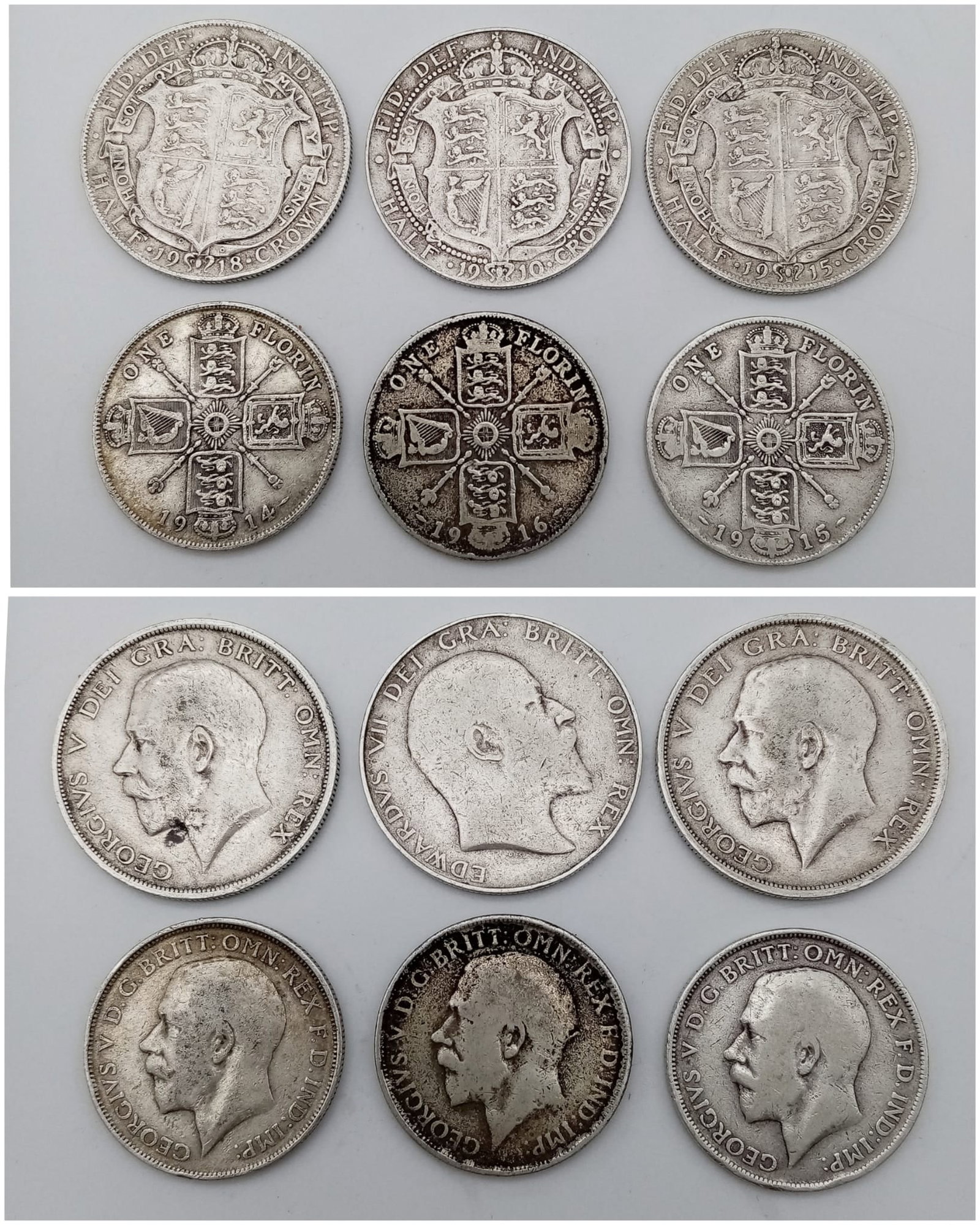 A Parcel of British Coins. Half Crowns: 1910, 1915, 1918 Florins: 1914, 1915, 1916 See photos for: A Parcel of British Coins.Half Crowns: 1910, 1915, 1918Florins: 1914, 1915, 1916See photos for condition.