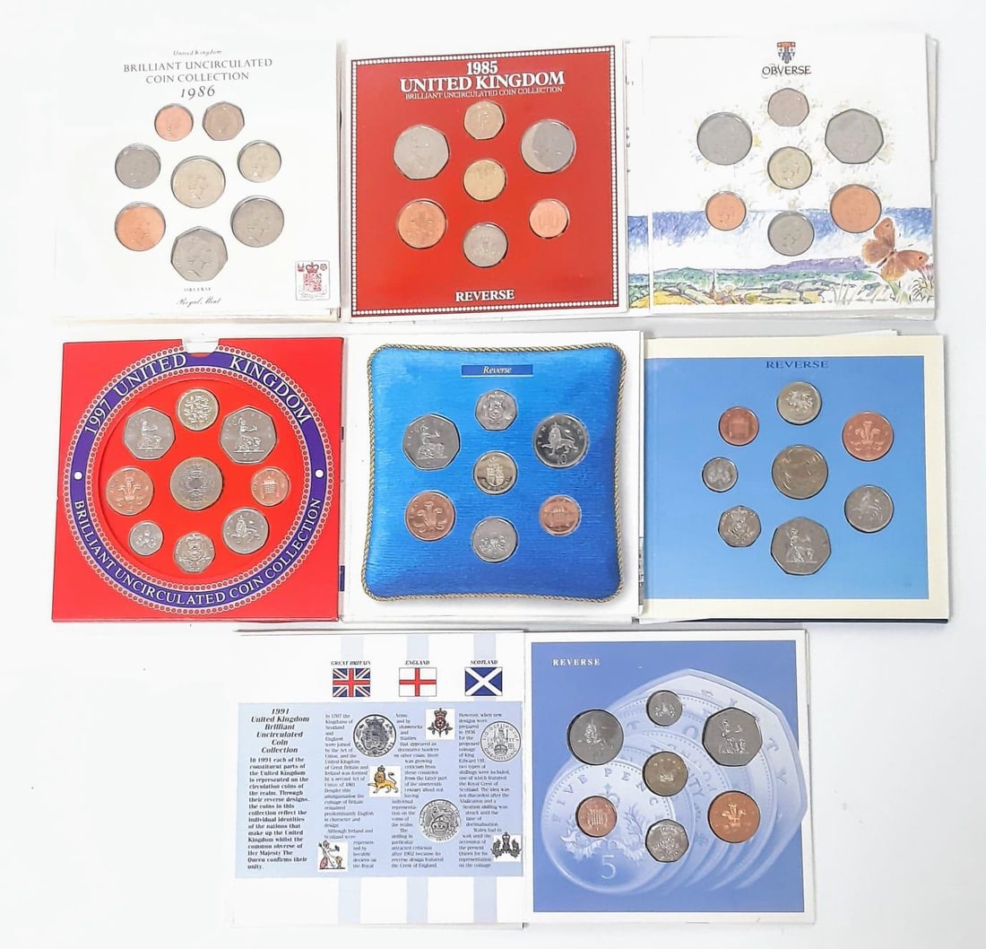 Seven Proof Year Sets. Including 1985, 86, 88, 89, 91, 95 & 97. In presentation book, see photos: Seven Proof Year Sets.Including 1985, 86, 88, 89, 91, 95 & 97.In presentation book, see photos for condition.