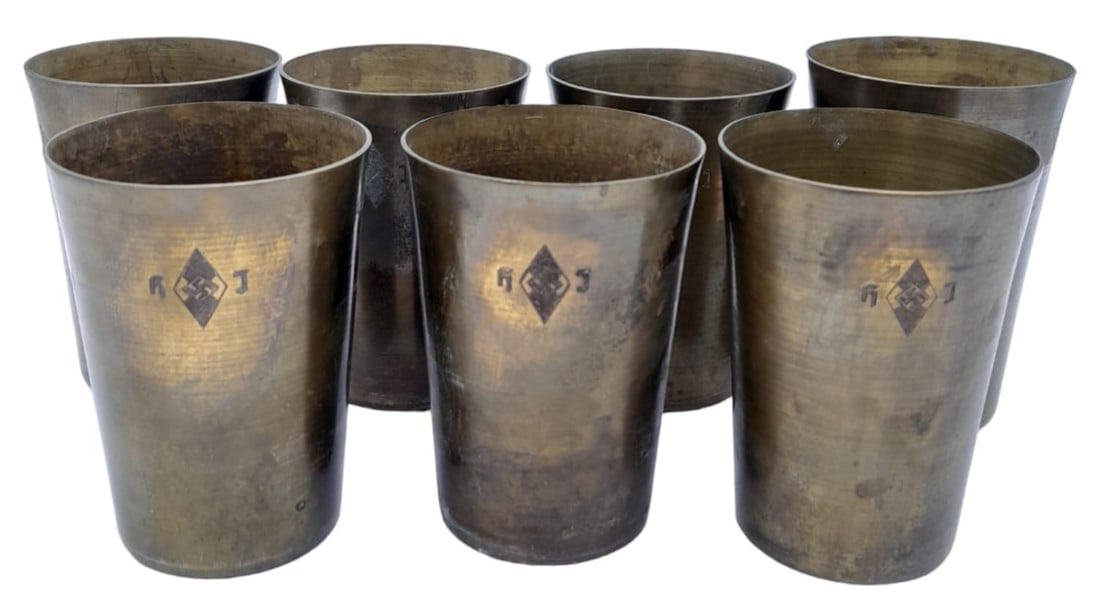6 x WW2 German Hitler Youth Brass Beaker Set.: 6 x WW2 German Hitler Youth Brass Beaker Set.