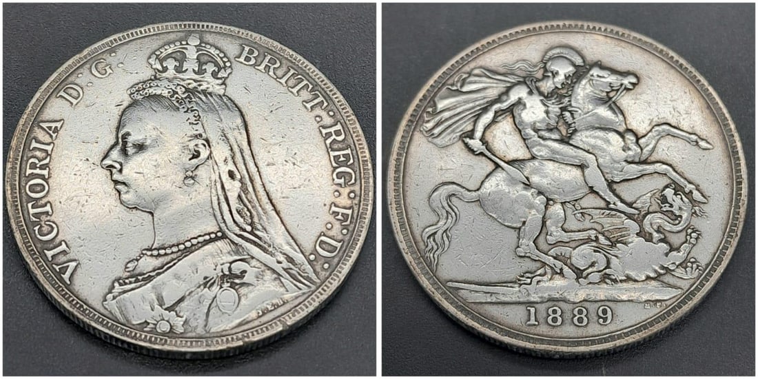 An 1889 Queen Victoria Silver Crown. EF+ grade but please see photos.: An 1889 Queen Victoria Silver Crown. EF+ grade but please see photos.