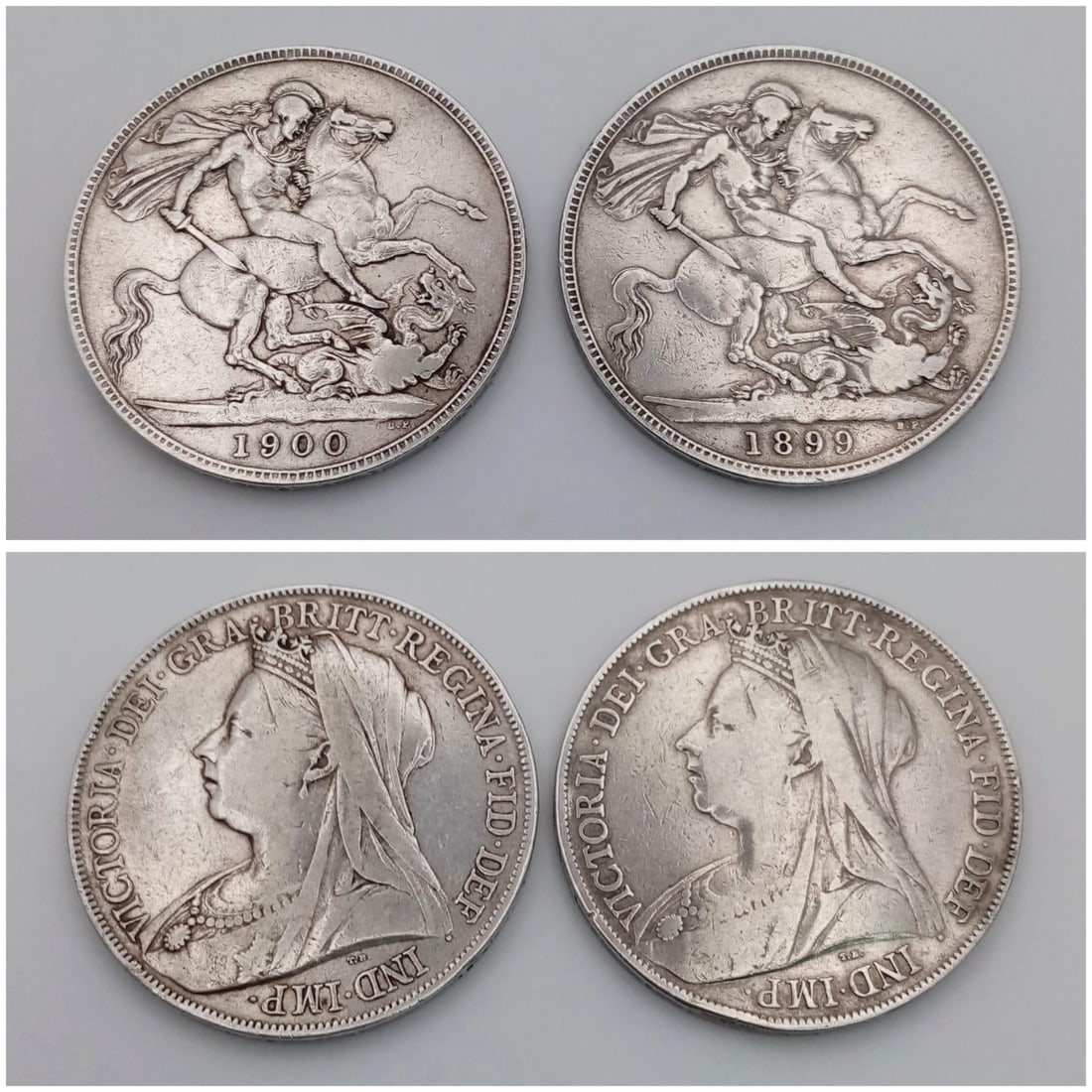 Two Queen Victoria Silver Crown Coins - 1899 and 1900. Please see photos for conditions.: Two Queen Victoria Silver Crown Coins - 1899 and 1900. Please see photos for conditions.