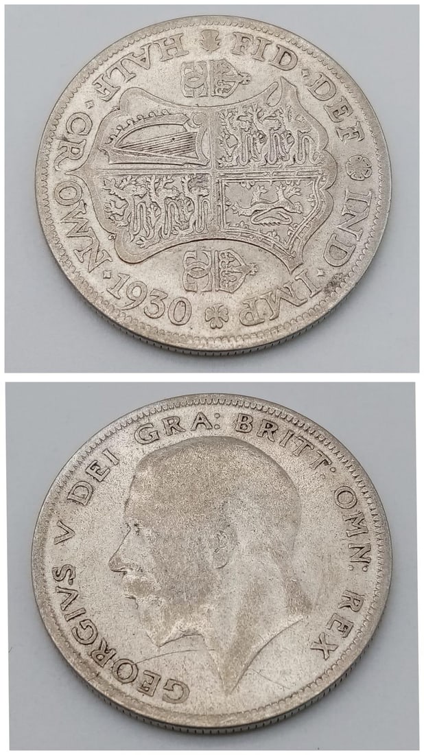 A Rare 1930 George V Silver Half Crown = F/VF grade but please see photos.: A Rare 1930 George V Silver Half Crown = F/VF grade but please see photos.