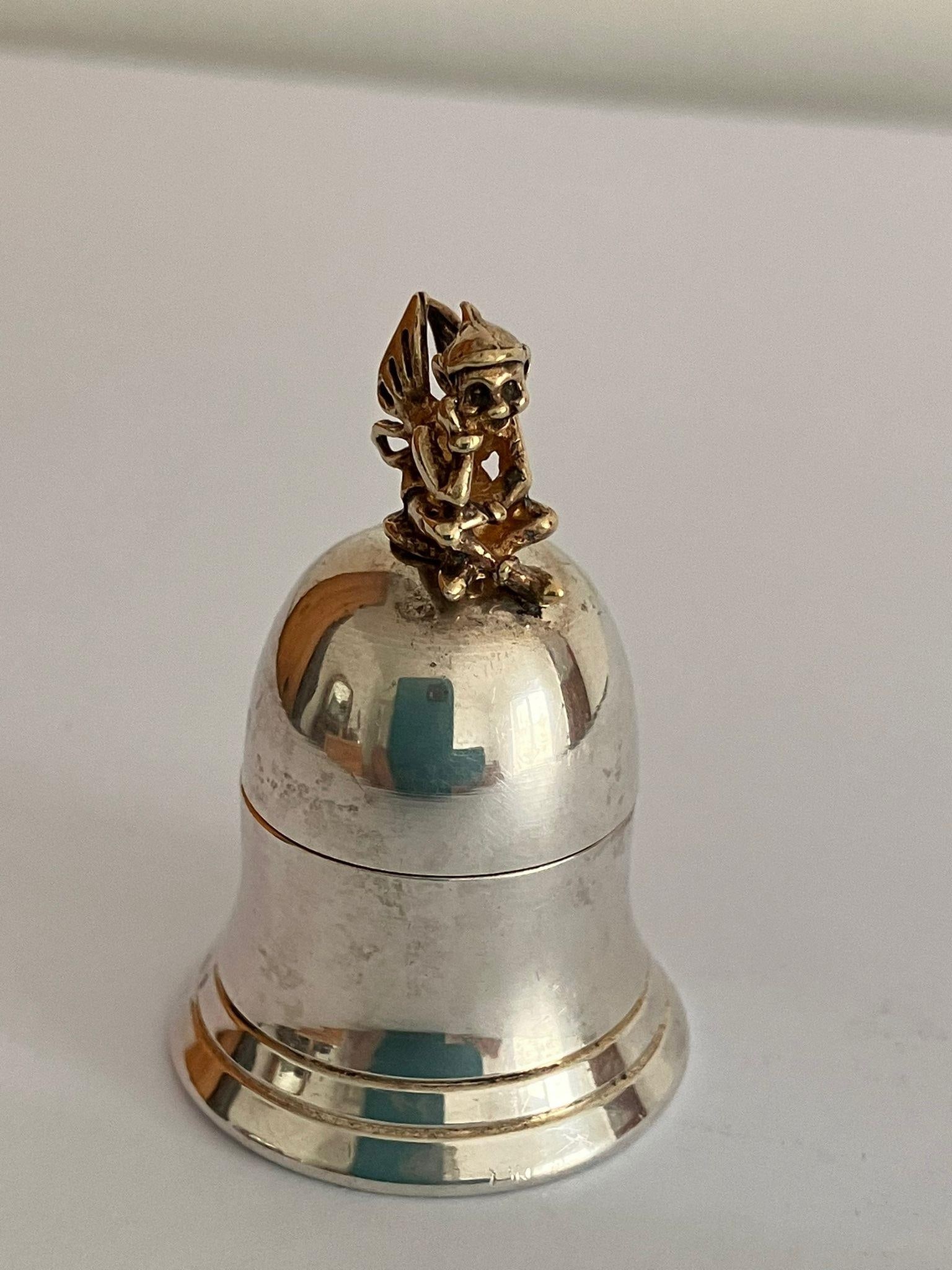 Vintage SILVER PILL BOX having the form of a BELL with PIXIE seated atop. Full UK hallmark.: Vintage SILVER PILL BOX having the form of a BELL with PIXIE seated atop. Full UK hallmark.