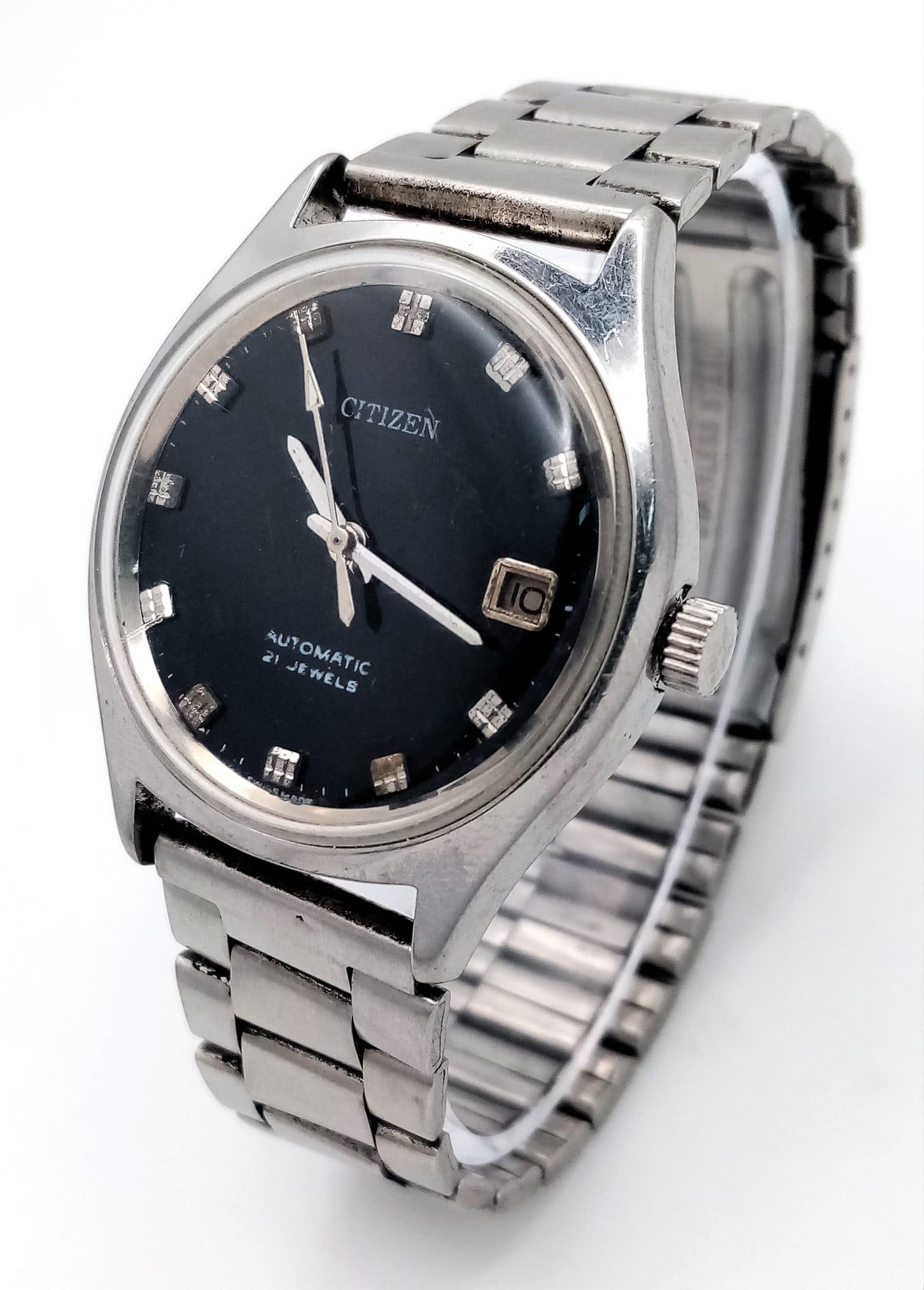 A Vintage Citizen Automatic 21 Jewels Gents Watch. Stainless steel bracelet and case - 35mm. Black: A Vintage Citizen Automatic 21 Jewels Gents Watch. Stainless steel bracelet and case - 35mm. Black dial with date window. In working order.