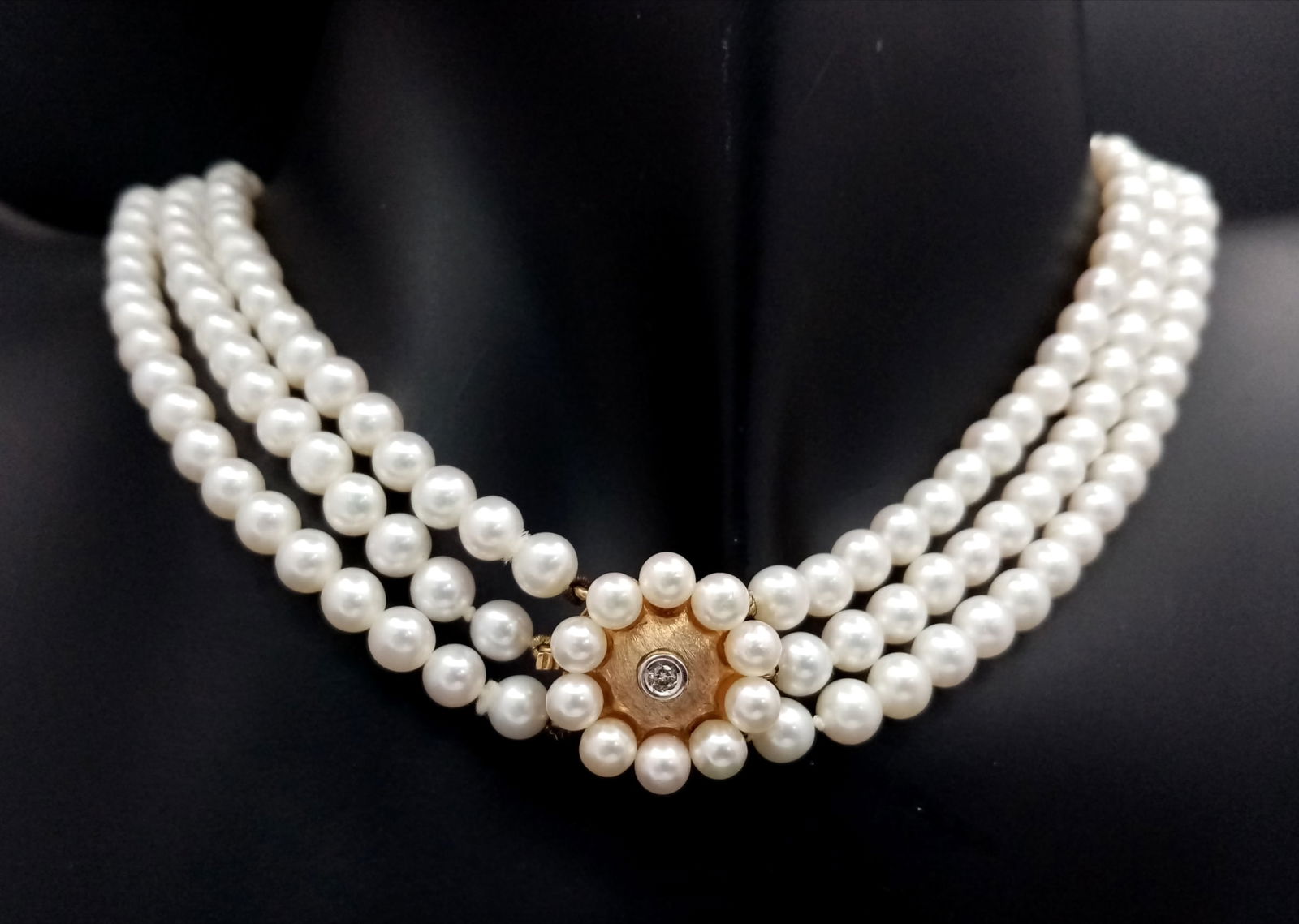 A Three Row White Pearl Choker Necklace with 9K Gold and Diamond Clasp. Pearls 5/6mm. 30-34cm. (1 of 6)