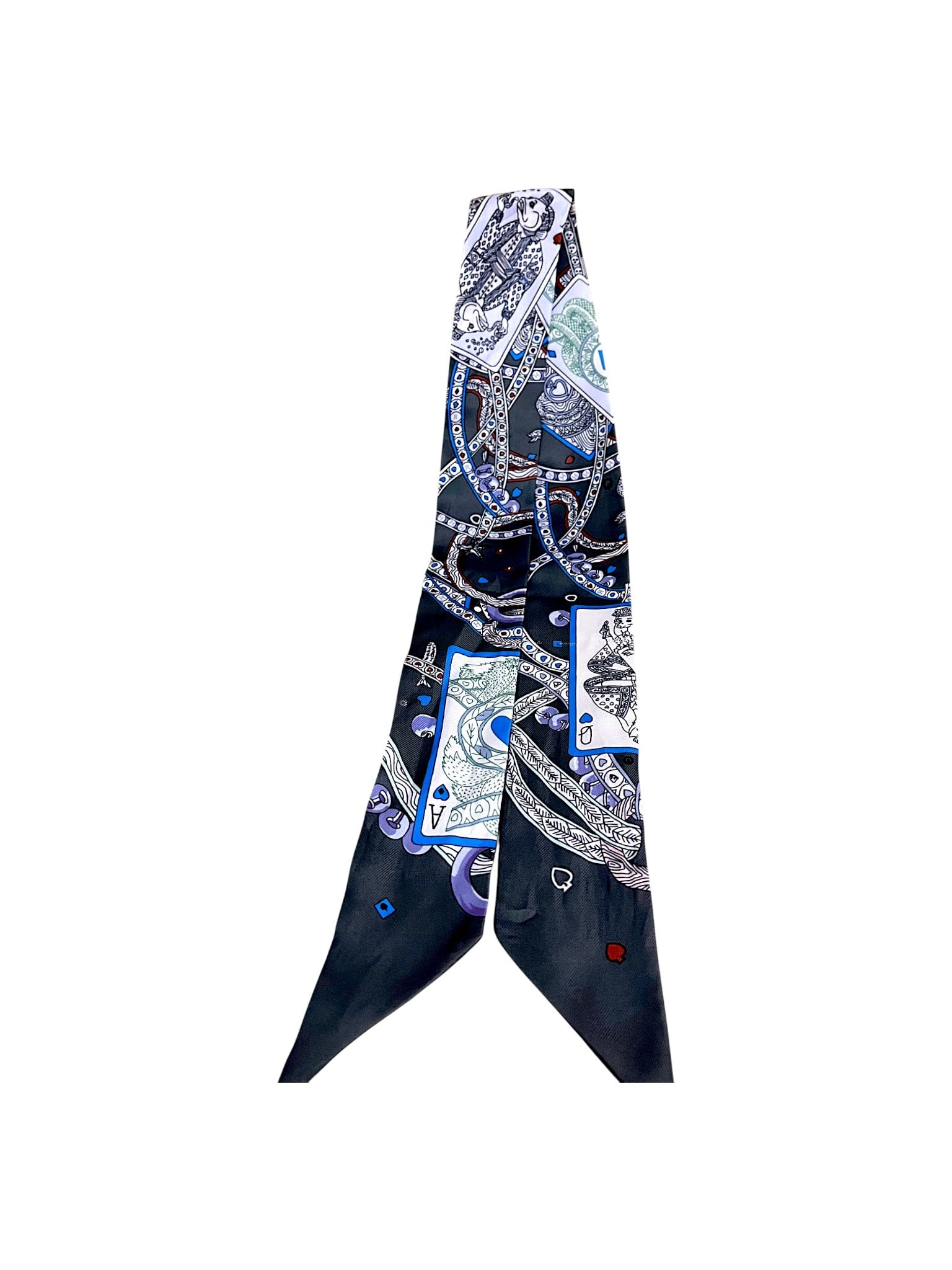 An Silk Scarf, decorated with a stylised geometric and equestrian-inspired pattern in tones of grey,: An Silk Scarf, decorated with a stylised geometric and equestrian-inspired pattern in tones of grey, blue and white. Presented folded, accompanied by a drawstring fabric pouch. Material: Silk Accessor