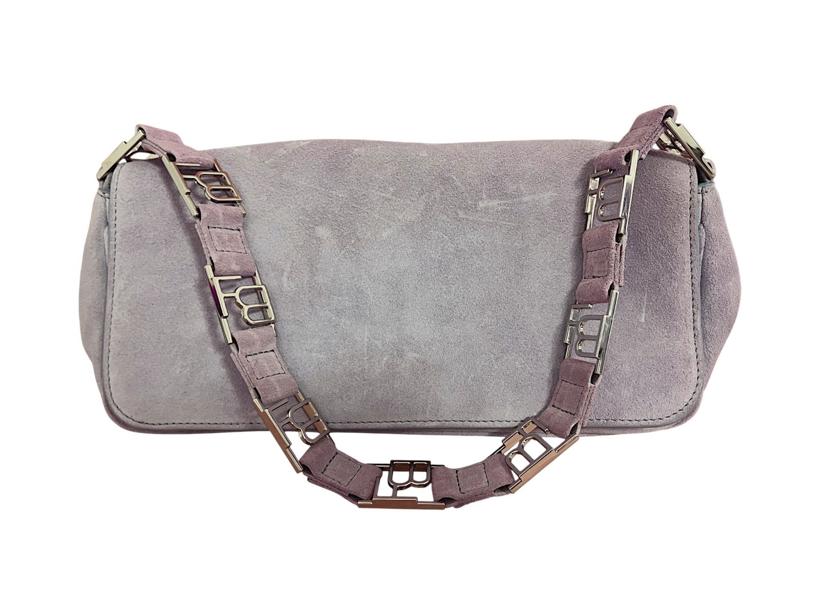 BY FAR – Pink Suede Shoulder Bag Slim rectangular pink suede shoulder bag with signature logo-: BY FAR – Pink Suede Shoulder Bag Slim rectangular pink suede shoulder bag with signature logo-link strap, magnetic closure, fabric lining and inner zip pocket.