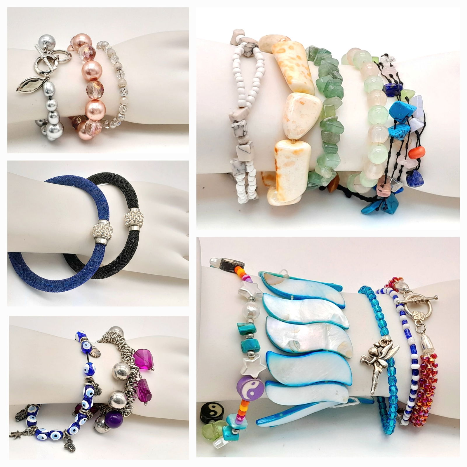 An assorted collection of stone set decorative bracelets with various designs. Please see photos for: An assorted collection of stone set decorative bracelets with various designs. Please see photos for details