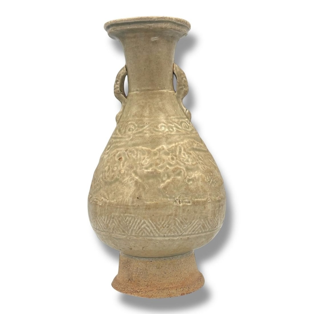 An early Antique Celadon ceramic Vase. Stoneware body with pale celadon glaze, featuring incised: An early Antique Celadon ceramic Vase. Stoneware body with pale celadon glaze, featuring incised geometric and wave motifs around the body and twin loop handles on the neck. The glaze shows natural cr