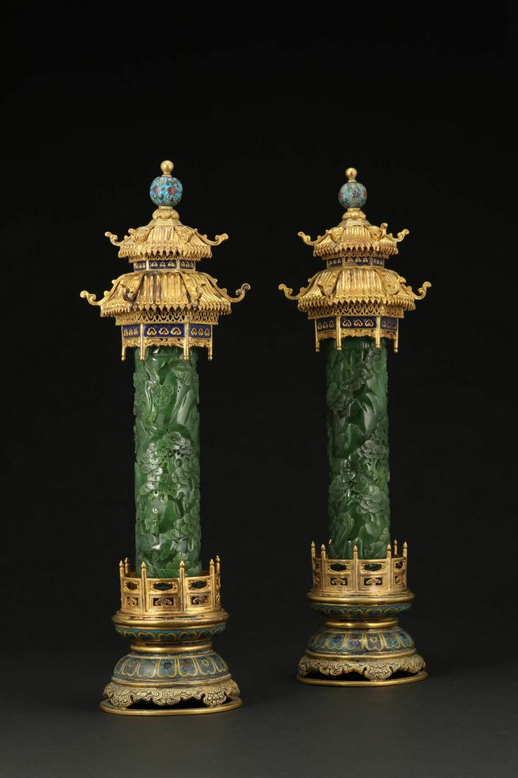 PAIR OF CLOISONNE ENAMEL INLAID SPINACH GREEN JADE (1 of 10)