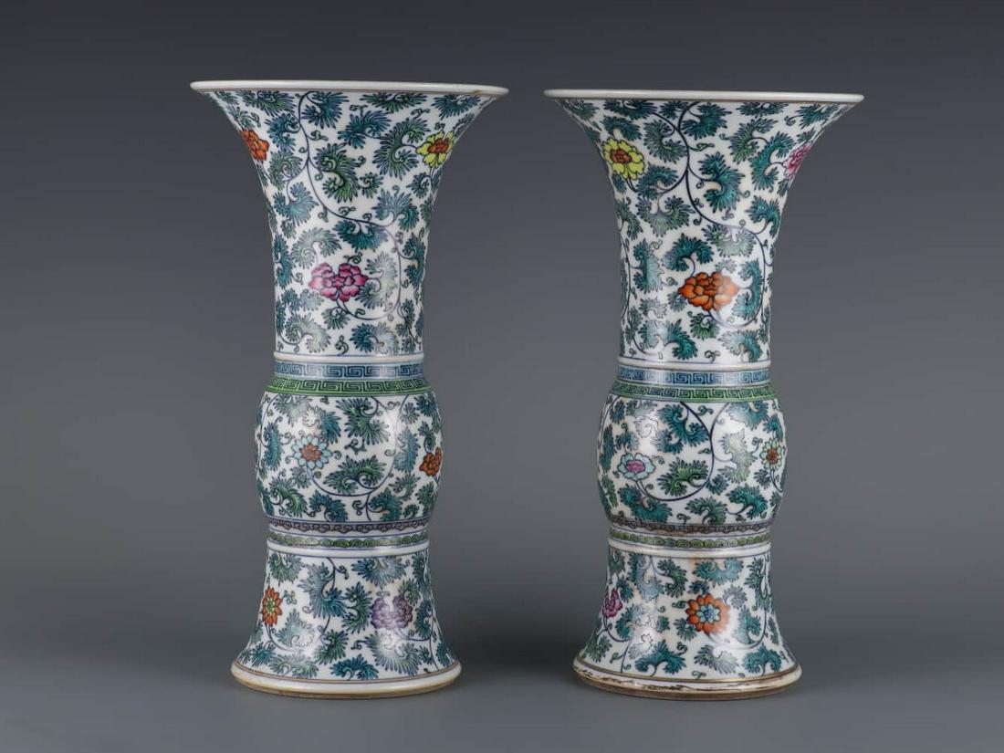 PAIR OF DOUCAI GLAZE LOTUS GU VASES (1 of 9)