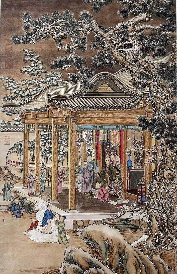 LANG SHINING, SHEN YUAN AND DING GUANPENG COOPERATED WORK, CHINESE FIGURES AND PAVILION PAINTING ON (1 of 8)