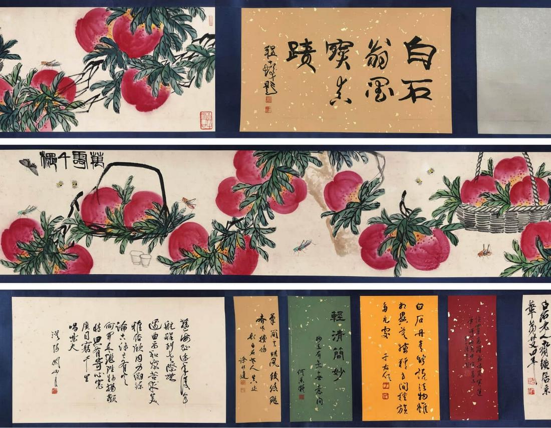 QI BAISHI, CHINESE PEACHES PAINTING PAPER HANDSCROLL (1 of 9)