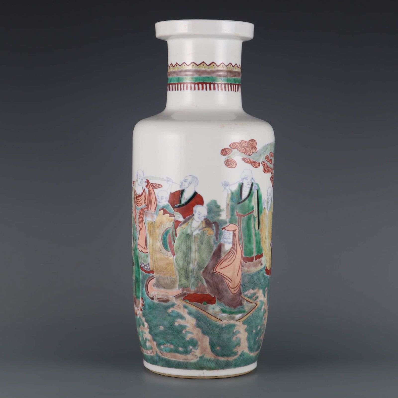 DOUCAI GLAZE EIGHTEEN ARHATS ROULEAU VASE (1 of 9)