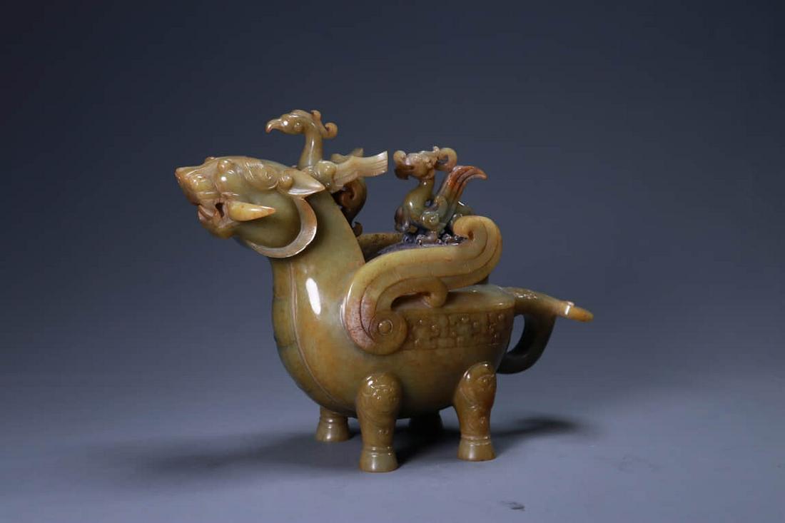 CELADON AND BROWNISH JADE BEAST-FORM LIQUOR WARMER (1 of 9)