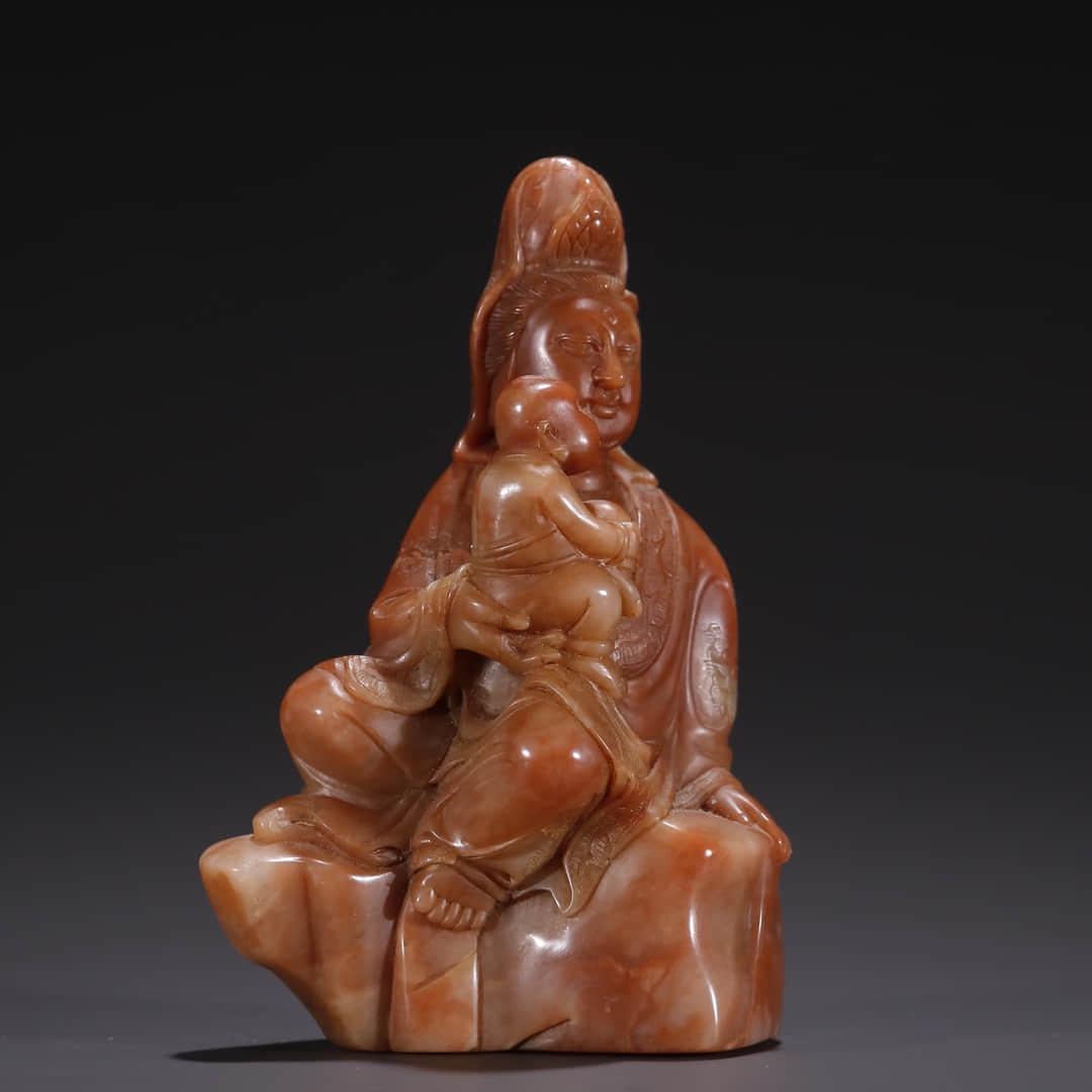 CARVED SHOUSHAN STONE STATUE OF GUANYIN AND BOY (1 of 9)