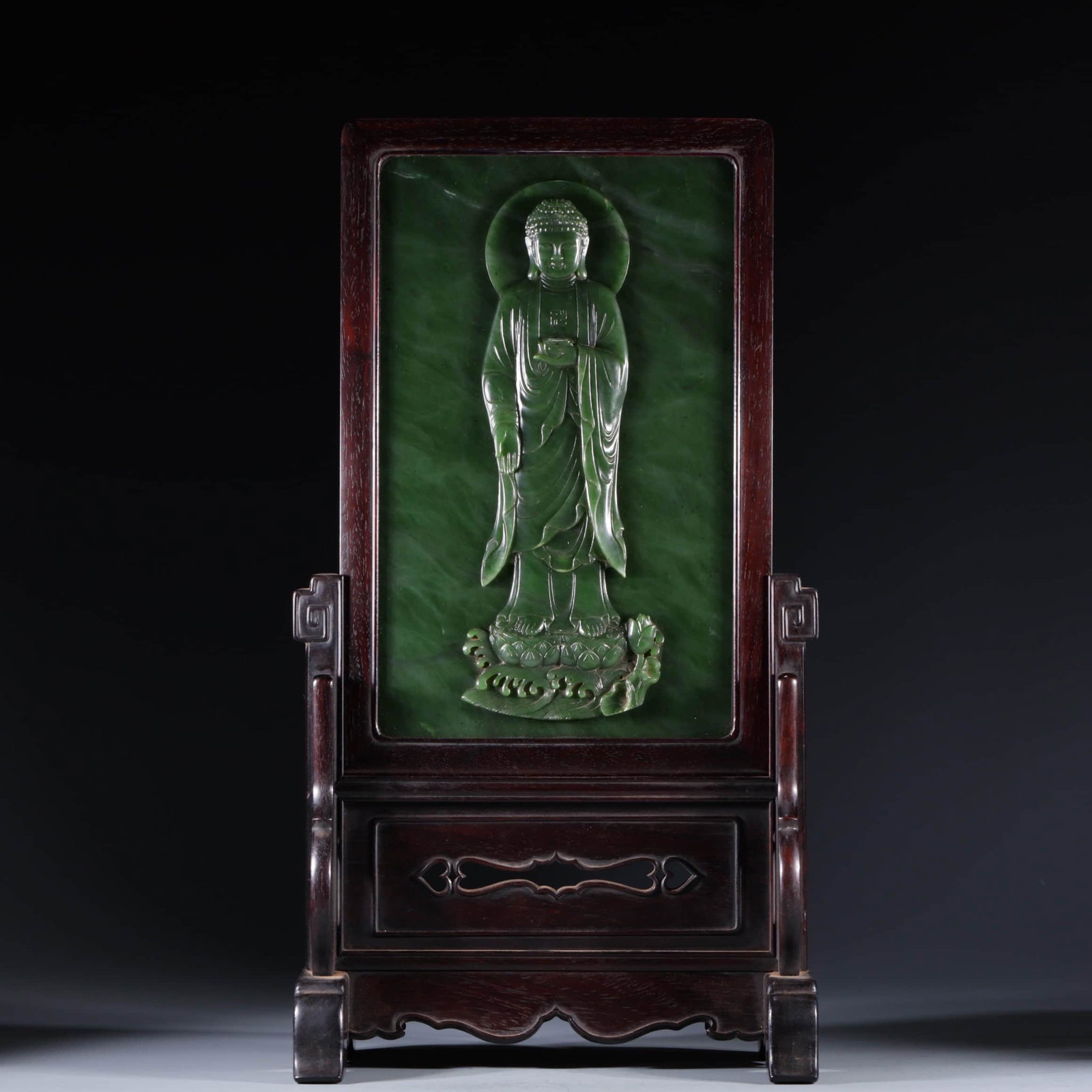 SPINACH-GREEN JADE SHAKYAMUNI TABLE SCREEN (1 of 9)