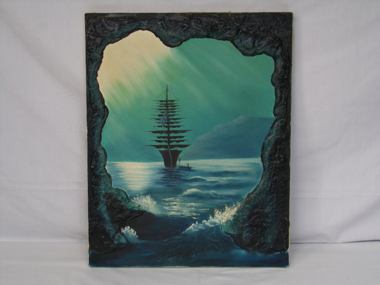 vintage oil painting: unframed 20x16 vintage oil painting smugglers cove & clipper ship signed sherman '86