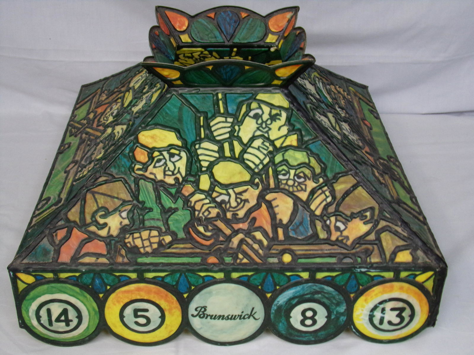 vintage brunswick pool light shade: vtg brunswick pool table faux stained glass plastic caricature light shade 18 x 11