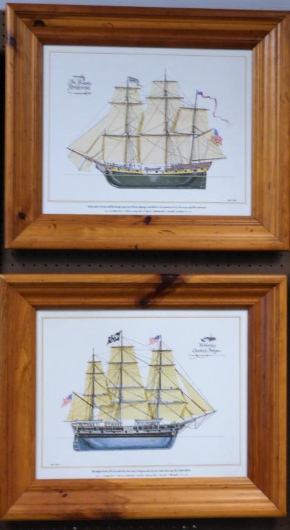 Joseph A. Phelan 2 Pirate Ship Lithographs: Joseph A. Phelan (20th Century, American). Two SHip Chromo Lithographs- The Whale Ship Charles W. Morgan and The Privateer Rattlesnake. Printed by Aaron Ashley Inc in 1967. Measure 26" x 22" framed. C