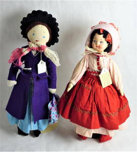 Two Vintage Cloth Dolls- Mary Poppins & Mask Face: Two Vintage Cloth Dolls- 17" Mask Face Cloth Doll with Yarn Hair and Felt Shoes; 18" Cloth Mary Poppins Doll with Felt Coat and Hat. Condition: Used