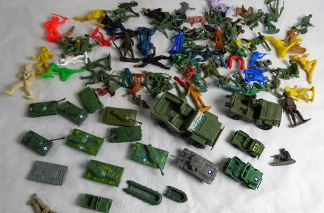 Vintage Plastic Toys with Military Vehicles: Group of Different Vintage Plastic toys and Military Vehicles